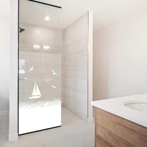 yabaduu Sichtschutzfolie für Duschkabine Duschglastüre Fensterfolie Blickdicht Milchglasfolie wasserfest Deko Klebefolie Badezimmer Dusche selbstklebend YX001 (12 Segelboot Weiß, 80 x 120cm) von yabaduu
