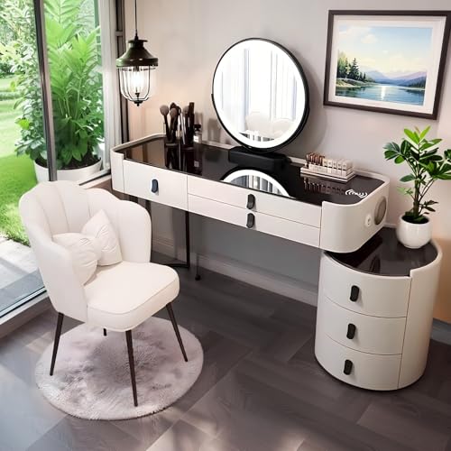 Schminktisch mit Spiegel und Schubladen, Schminktisch mit kabellosem Laden und Bluetooth-Audio – Schminktisch mit Schubladen, Schminktisch-Set mit Stuhl (Weiß mit gehärtetem Glas A, 100 cm) von yalmond