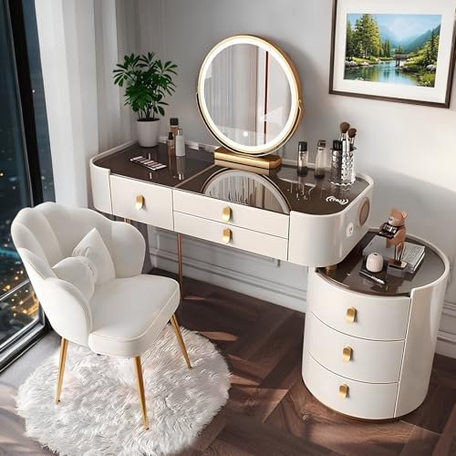 Schminktisch mit Spiegel und Schubladen, Schminktisch mit kabellosem Laden und Bluetooth-Audio – Schminktisch mit Schubladen, Schminktisch-Set mit Stuhl (Weiß mit gehärtetem Glas B, 80 cm) von yalmond