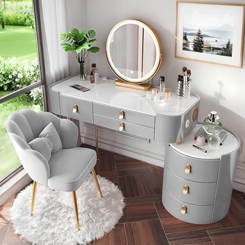 yalmond Kosmetiktisch mit Spiegel und Licht Schminktisch mit 6 Schubladen Massivholz Frisiertisch mit Stuhl, Schminktisch mit Bluetooth -Lautsprecher und Drahtloses Laden (Grau + Gold, 100CM) von yalmond