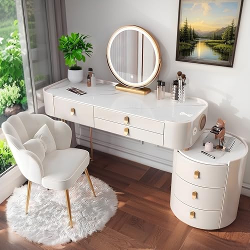 yalmond Kosmetiktisch mit Spiegel und Licht Schminktisch mit 6 Schubladen Massivholz Frisiertisch mit Stuhl, Schminktisch mit Bluetooth -Lautsprecher und Drahtloses Laden (Weiß + Gold, 80CM) von yalmond