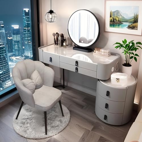 yalmond Schminktisch mit Spiegel und Schubladen, Schminktisch mit kabellosem Laden und Bluetooth-Audio – Schminktisch mit Schubladen, Schminktisch-Set mit Stuhl (Grau + Schwarz, 80 cm) von yalmond