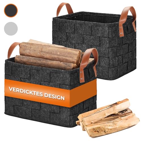 Yamagahome 2 Stück Holzkorb für Kaminholz Groß, Faltbar Geflochtener Kaminholzkorb, Brennholzkorb mit Ledergriff Feuerholzkorb für Kaminholz, Holz, Zeitunge, 40 x 30 x 30 cm, Dunkelgrau von yamagahome