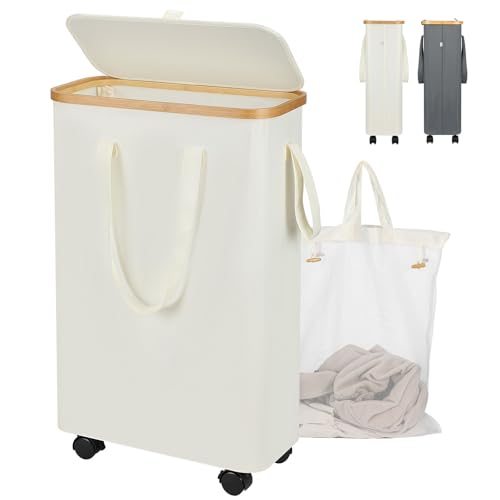 Yamagahome Wäschekorb Schmal mit Rollen und Deckel, 52L Wäschesammler Schmal mit Wäschesack, Faltbarer Wäschekorb aus Bambus mit Tragegriff für Apartment, Wohnheim und Wohnwagen, Beige Yamagahome Wäschekorb Schmal mit Rollen und Deckel, 52L Wäschesammler Schmal mit Wäschesack, Faltbarer Wäschekorb aus Bambus mit Tragegriff für Apartment, Wohnheim und Wohnwagen, Beige von yamagahome