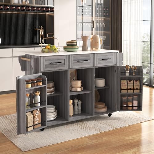 Küchenwagen Insel Mobiler Servierwagen Lager mit Klappbarer Arbeitsplatte Rollschrank Kücheninsel Rollen Gewürzregal Handtuchhalter Schubladen Regale für Küche Esszimmer Büro 139x46x91.5 cm Grau von yangchoose