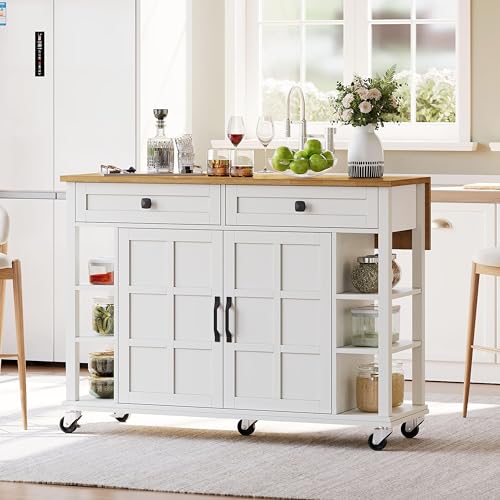Küchenwagen Rollwagen Aufbewahrungsschrank mit 2 Schubladen 2 Türen verstellbare Regale Servierwagen mit Holzplatte auf Rollen Aufbewahrung für Küche Esszimmer 120cm x 40cm x 89cm Weiß+Natur von yangchoose