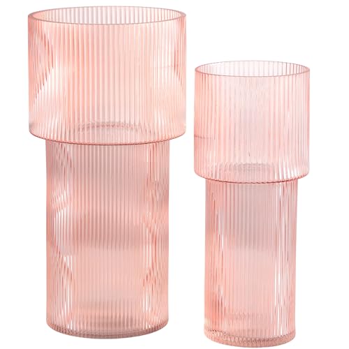 YANWE1 Rosa Glasvase, gerippte Glasvase 2er Set, geriffelte Vase, Blumenvase, hohe Vase, große Glasvase, moderne Vase für Wohnzimmer, Esstisch, Eingang, Kaminsims, Regal, Hochzeit, 11,5&9,6 Zoll von yanwe1