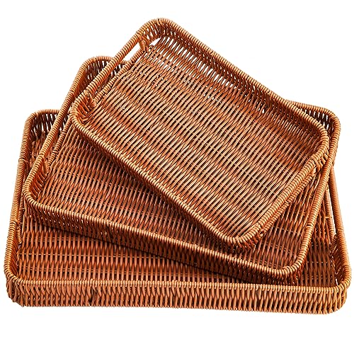 yarlung 3 x gewebte Körbe, Serviertabletts mit Griffen, Poly-Weidenkörbe, Brotkörbe, rechteckige Platten für Obst, Gemüse, Frühstück, Getränke, Snacks, Esstisch, Couchtisch, 3 Größen von yarlung