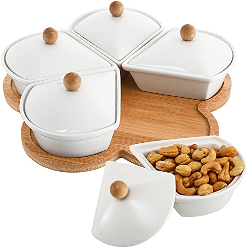 yarlung Keramik-Servierschalen mit Deckel und Bambusplatte, 5 herausnehmbare Dip-Schüsseln, Nüsse, für Vorspeisen, Chips, Obst, Süßigkeiten, Gewürze von yarlung