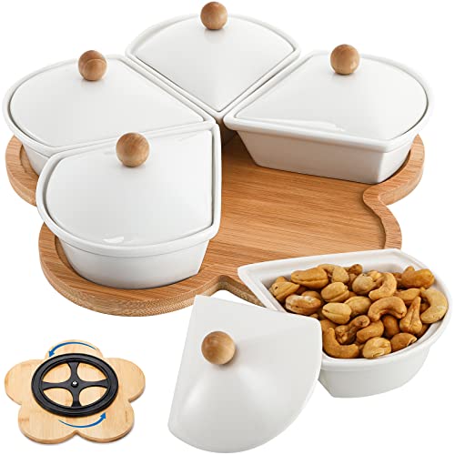 yarlung Lazy Susan Unterteilte Servierschalen Appetizer Tablett, 5 abnehmbare Keramik-Snackschalen mit Deckel und Bambusplatte, Relish Tablett Nüsse Gerichte für Chips, Früchte, Süßigkeiten von yarlung