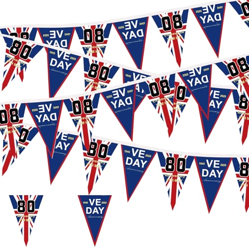 2025 VE Day Flags Wimpelkette Banner mit 30 Flaggen, 10 m Jubiläumsdekoration, Erinnerungsstück, Flagge für 80 Jahre Sieg in Europa, WW2 1945–2025 Dekorationen von yayafunfun