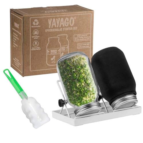 Yayago Sprossenglas Starter-Set I 2er Keimglas Set 750ml für Sprossen & Keimlinge I Anzuchtset für Kräuter, microgreens, Kresse I Inkl. Siebdeckel, Abtropfschale, Verdunklungshüllen & Reinigungsbürste von yayago
