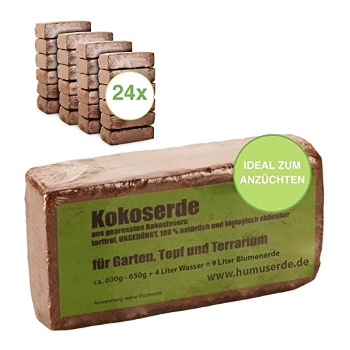 Humuserde I Kokoserde für Pflanzen 24 x 650g I Erde aus Kokosfasern I 100% natürlich & biologisch abbaubar I nährstoffarme Anzuchterde torffrei & ungedüngt für Hochbeete & Terrarien von yayago