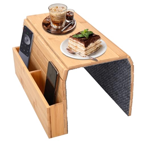 Sofa Tablett Armlehne Sofatablett mit Getränkehalter Armlehnen Tablett aus Holz Couch Ablage Faltbar Fernbedienung und Handy-Organizer Rutschfestes Sofa-Regal von ybaymy
