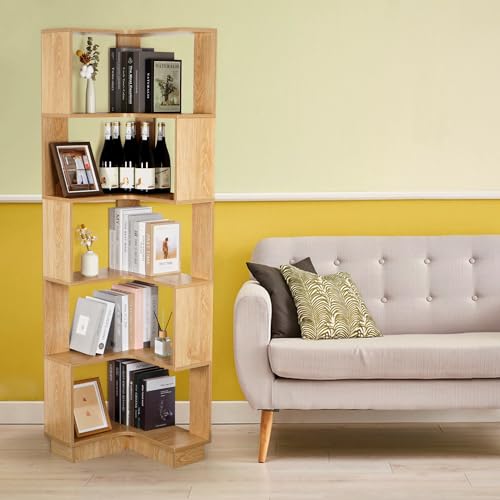 ybaymy Eck-Bücherregal mit 5 Etagen, 170 cm hoch, industrielles Eck-Bücherregal mit Anti-Drop-Panel, freistehendes Eckregal mit Holzmaserung, für Zuhause, Büro, Wohnzimmer von ybaymy