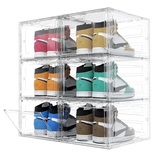 ybaymy Schuhboxen Stapelbar Transparent 6er Set Schuhkasten Kunststoff Schuhkarton Schuhorganizer Kunststoffbox Schuhaufbewahrung für Schuhe bis Größe 46, 35 x 27 x 19 cm von ybaymy