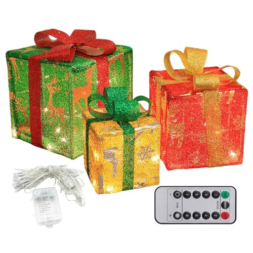 Vorbeleuchtete Weihnachtskisten, dekorative Schachteln für Weihnachtsbäume mit Fliege, 3 x LED-Weihnachtsbeleuchtung, batteriebetrieben, für Ferienhaus, Rasen Vorbeleuchtete Weihnachtskisten, dekorative Schachteln für Weihnachtsbäume mit Fliege, 3 x LED-Weihnachtsbeleuchtung, batteriebetrieben, für Ferienhaus, Rasen von ycezw