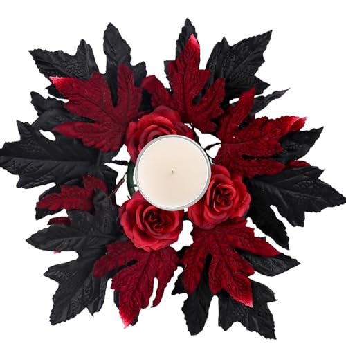 ycezw Halloween Kerzenring, Halloween Kerzenringe | Halloween-Kranz mit Ahornblatt Ringhalter | Esstisch Dekoration Ornament Herbst Kerzenhalter 3-Center Bauernhaus Wreath von ycezw