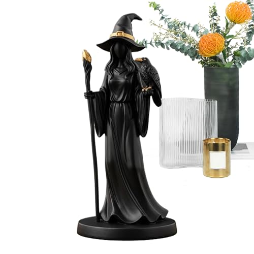 ycezw Schwarz Vergoldete Zauberstab Zauberskulptur - Elegante Gotische Hexenfigur Mit Stab Und Rabe,Gotische Halloween Reisfigur Für Schlafzimmer Party Schreibtisch Kommode Bücherregal Eingangsanzeige von ycezw
