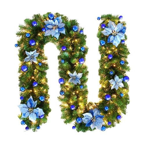 ycezw Weihnachtsgirlande aus Rattan, Weihnachtsgirlande, 2,7 m, vorbeleuchtete LED-Lichter, batteriebetrieben, rote Dekoration, Blume, Rattan-Dekoration für Fenster von ycezw