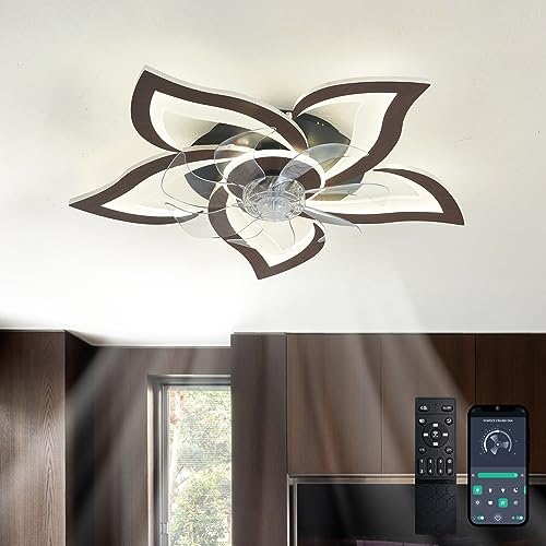 Deckenventilator mit Beleuchtung und Fernbedienung Leise, Ventilator Licht Decke Braun, Sommer Winterbetrieb Reversibel DC Motor, LED Dimmbar Blumen Deckenlampe mit Ventilator, 6 Stufen mit Timer von ycwdcz