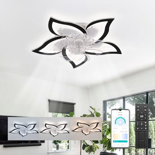 Lampe mit Ventilator Leise mit Fernbedienung APP Moderne Blume Deckenventilator mit Beleuchtung Led Sommer Winter Betrieb 6 Geschwindigkeiten mit Timer Smart Deckenlampe mit Ventilator DC, Schwarz von ycwdcz