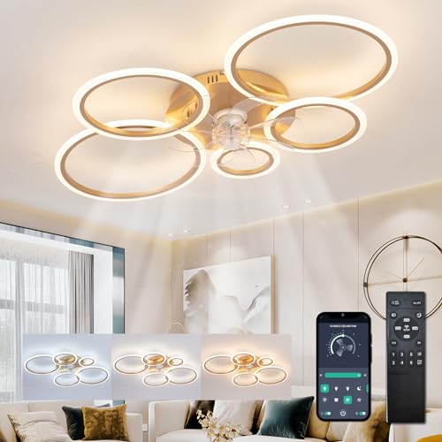 ycwdcz Deckenleuchte mit Ventilator und Fernbedienung, Ring Deckenventilator mit Beleuchtung Leise, Dimmbar, 6 Stufen, DC Motor, Winterbetrieb, Moderne Ventilator Lampe Decke, Gold von ycwdcz