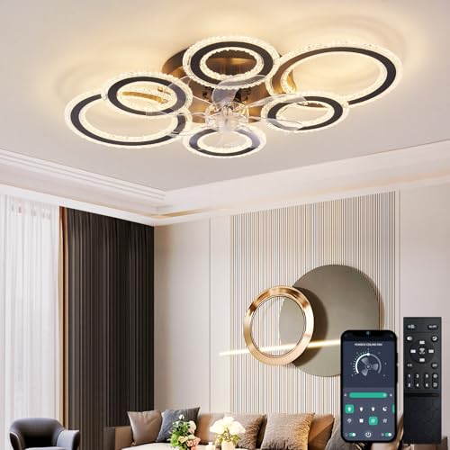 ycwdcz Moderne Deckenventilator mit Beleuchtung und Fernbedienung, Kristall Ring Deckenlampe mit Ventilator Sommer Winter Reversibel Dimmbar Licht Speicher Funktion 6 Stufen DC Motor, Schwarz von ycwdcz