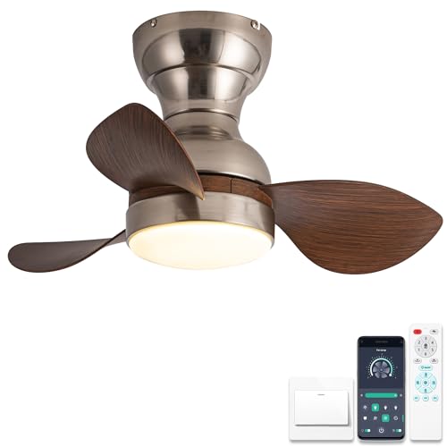 ycwdcz Ø56cm Mini Deckenventilator mit Lampe und Fernbedienung, kleine Deckenventilator mit Beleuchtung, Reversibel Sommer Winterbetrieb 6 Gang Leise DC Motor, Silber + Braun Woodgrain von ycwdcz