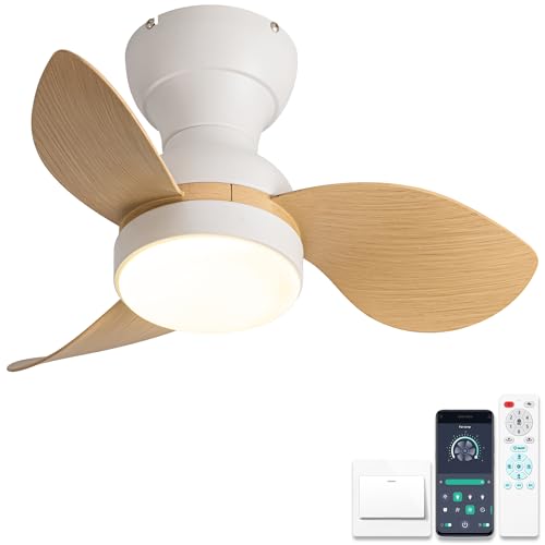 ycwdcz Ø56cm Mini Deckenventilator mit Lampe und Fernbedienung, kleine Deckenventilator mit Beleuchtung, Reversibel Sommer Winterbetrieb 6 Gang Leise DC Motor, Weiß + Holzmaserung von ycwdcz