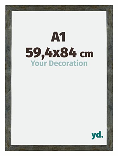 yd. Your Decoration - Bilderrahmen DIN A1 59,4x84 cm - Blau Gold Meliert - Billderrahmen aus MDF mit Acrylglas - Antireflex - DIN A1 59,4x84 Rahmen - Mura von yd.