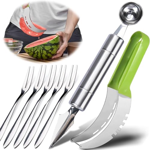 Yeemeen Wassermelonenmesser, Wassermelonen Schneider mit Obstschnitzmesser und Obst Gabel Edelstahl, Melonenschneider Edelstahl von yeemeen