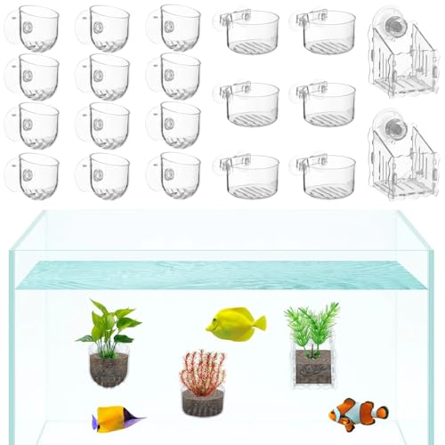 20 Acryl Aquarium Pflanzenhalter mit Saugnäpfen, Transparent Fish Tank Sortierte Wasserpflanzenbecher Unkraut-Töpfe für Aquascaping von yeeplant