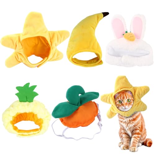 5 lustige Haustiermützen mit Kaninchen-, Seestern-, Bananen-, Ananas- und Kürbis-Designs, verstellbar für Katzen und kleine Hunde, weiches Plüschmaterial 5 lustige Haustiermützen mit Kaninchen-, Seestern-, Bananen-, Ananas- und Kürbis-Designs, verstellbar für Katzen und kleine Hunde, weiches Plüschmaterial von yeeplant