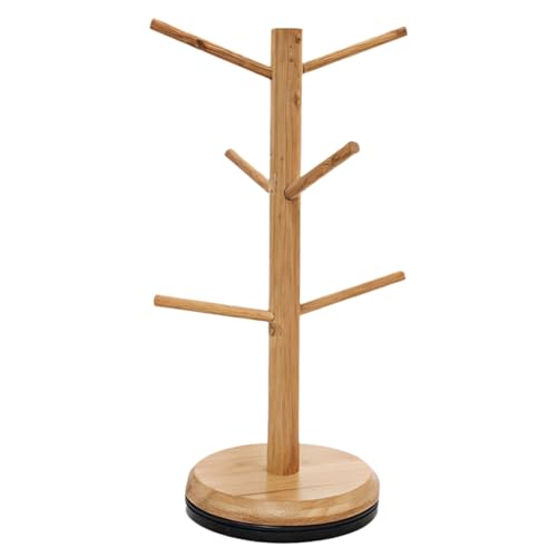 Küchen-Organizer, ideal für Küchenarbeitsplatten, platzsparend, Holzfarbe, Kaffeebecherbaum, freistehender Kaffeebecherhalter aus Holz, drehbar mit 6 Haken von yeeplant