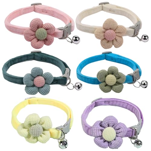 Niedliche Haustierhalsbänder mit Blumen-Design, weiches Mohair, verstellbare Katzenhalsbänder, inklusive Glöckchen für Hunde und Katzen, 6-teiliges Set in Gelb, Blau, Grün, Lila von yeeplant
