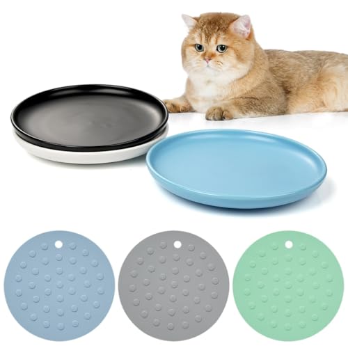 yeeplant 3 Stück Keramik Katzen Futternäpfe Schnurrhaare Stressfrei Teller mit Anti-Rutsch-Matten Breit & Flach Geschirr für Katzen und Welpen Spülmaschinenfest von yeeplant