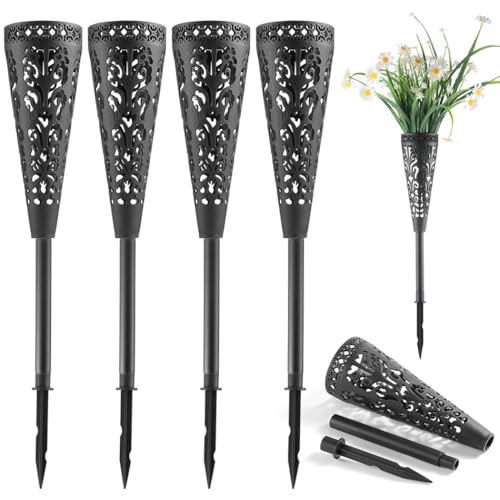 yeeplant 4 Stück geschnitzte Grabvasen mit langen Erdspießen, Mausoleum Crypt Vasen-Set mit Abflusslöchern, Trockenblumenhalter für Garten, Rasen, Gedenkdekorationen von yeeplant