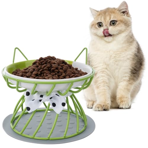 yeeplant Erhöhter Futternapf für Katzen mit Anti-Rutsch-Matte, erhöhte Keramikschale zur Unterstützung der Verdauung, Katzenohren-Design, breiter flacher Teller zur Vermeidung von Schnurrhaar-Stress von yeeplant