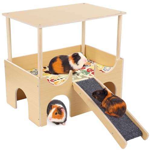 yeeplant Haustier-Lebensraum für Hamster, großes Meerschweinchenversteck aus Holz mit rutschfester Treppe, 2-stöckiges Meerschweinchenhaus, Kleintierkäfighaus, gepolsterte Pads zum Verstecken von yeeplant