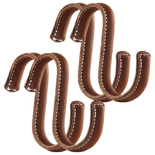 yeeplant Unterregal-Haken-Set in Vintage-Braun, 4 Stück S-förmige Lederhaken zum Organisieren von Kleidung und Accessoires, 91 mm, kompakte Größe mit handgenähter Oberfläche für Küche und Bad von yeeplant