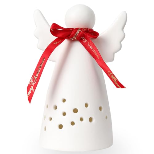 Yeerockal Teelichthalter Engel aus Keramik matt Weiß Statue mit LED Weihnachtsengel Windlicht Belechtung Deko Design LR44 batterien Inklusive von yeerockal