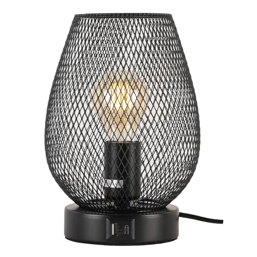 yeerockal Tischlampe Vintage Käfigschirm Tischlampe|Mesh Schwarz Nachttischlampe|Touch Dimmbar | 2 USB Aufladestation |6W Warmweiss LED| Tischleuchte | Fassung E27 und EU Schalter (Style A) von yeerockal