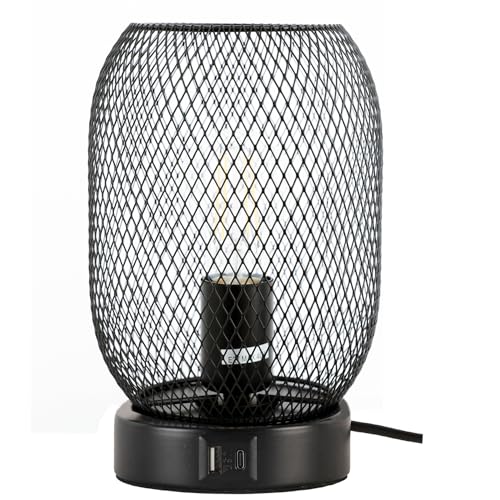 yeerockal Vintage Käfigschirm Tischlampe| Metall Mesh Schwarz Nachttischlampe|Touch Dimmbar | 2 USB Aufladestation |6W Warmweiss LED Tischleuchte | Fassung E27 und EU Schalter (Style B) von yeerockal