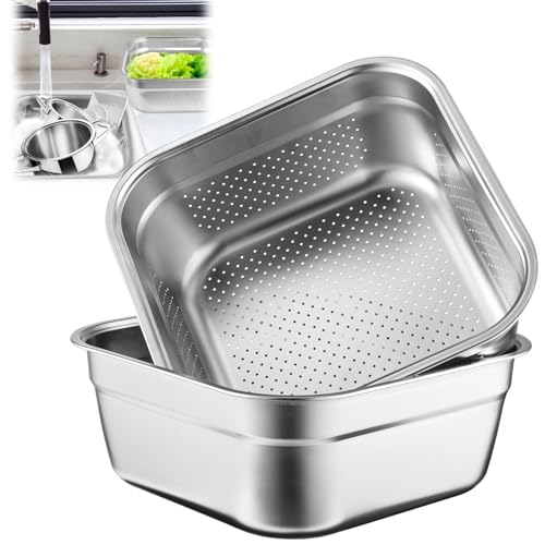 2-in-1-Spülschüssel-Set, Edelstahl-Spülwanne mit Sieb, Obst- und Gemüsespülbecken, Mehrzweck-Schüsselset zum Waschen und Abtropfen von Reis, Nudeln, Lebensmittelsieb, Rührschüssel von yeesport