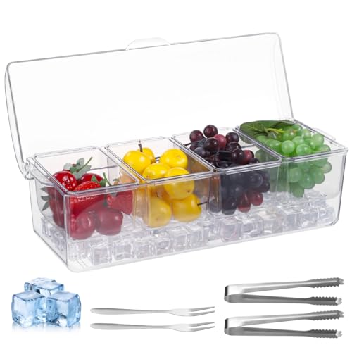 yeesport Gekühlter Gewürzbehälter, transparenter Gewürz-Servierer mit Deckel & Eiswürfelformen, Bar-Garnierhalter mit 4 abnehmbaren Fächern, Salat-Aufbewahrungsbox für Partys, Picknicks, Buffets von yeesport