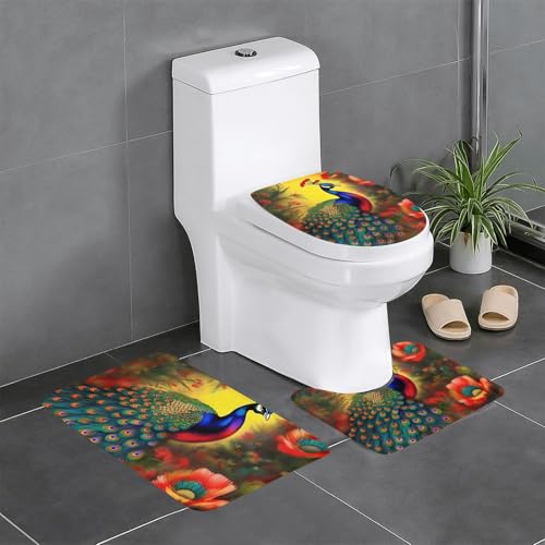 yefan Badteppich-Set mit Pfauenblumen, weich, saugfähig, rutschfest, geeignet für Badezimmer, Toiletten usw. von yefan