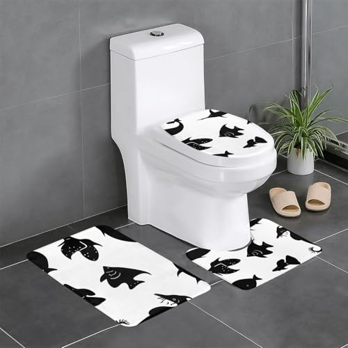 yefan Badteppich-Set mit schwarz-weißen Fischen, weich, saugfähig, rutschfest, geeignet für Badezimmer, Toiletten usw. von yefan