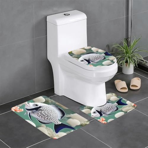 yefan Badteppich-Set mit weißen tropischen Fischen, weich, saugfähig, rutschfest, geeignet für Badezimmer, Toiletten usw. von yefan