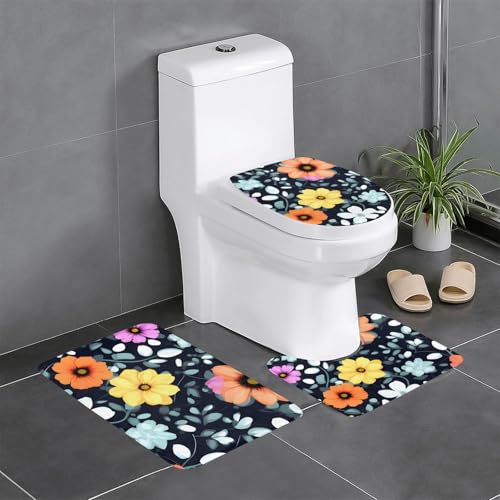 yefan Schöne bunte Blumen Badezimmermatte Set mit drei weichen, saugfähigen, rutschfesten Badezimmermatten, geeignet für Badezimmer, Toiletten usw. von yefan
